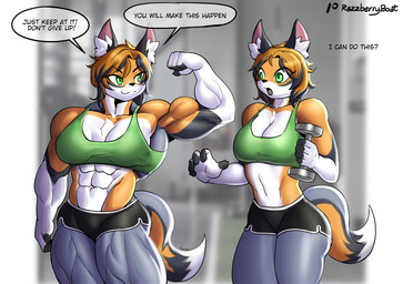 5_fingers abs anthro biceps big_breasts big_muscles biped black_nose bottomwear bra breasts chest_tuft clothed clothing dialogue dumbbell duo eye_through_hair eyebrow_through_hair eyebrows eyelashes eyelashes_through_hair female fingerless_(marking) fingerless_gloves_(marking) fingers flexing fur gloves_(marking) green_bra green_clothing green_eyes green_sports_bra green_underwear grey_body grey_fur hair holding_dumbbell holding_object inner_ear_fluff markings multicolored_body multicolored_fur multicolored_hair multicolored_tail muscular muscular_anthro muscular_female orange_body orange_fur shorts smile speech_bubble sports_bra standing tail text thick_thighs translucent translucent_hair tuft two_tone_hair underwear weights white_body white_fur white_inner_ear_fluff wide_hips razzberryboat haruka_kanata_(kitsuninjitsu) canid canine fox mammal artist_name digital_drawing_(artwork) digital_media_(artwork) english_text hi_res shaded soft_shading