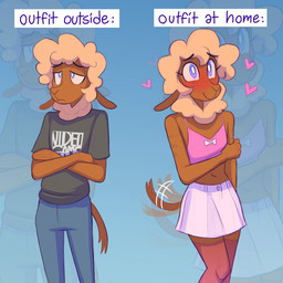 anthro blonde_hair blush blush_lines bottomwear brown_body brown_fur clothed clothing crop_top crossdressing denim denim_bottomwear denim_clothing femboy fur hair half-closed_eyes heart_symbol jeans male narrowed_eyes pants shirt skirt smile solo t-shirt text topwear heresvix dani_(heresvix) bovid caprine mammal sheep english_text hi_res