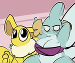 anthro blue_body cheek_fins chest_wraps dialogue duo female fin freckles neck_tuft simple_background tuft wraps yellow_body 1upgobbo nintendo pokemon kay_(1upgobbo) misako_(1upgobbo) generation_1_pokemon generation_3_pokemon mudkip pokemon_(species) 2024 hi_res