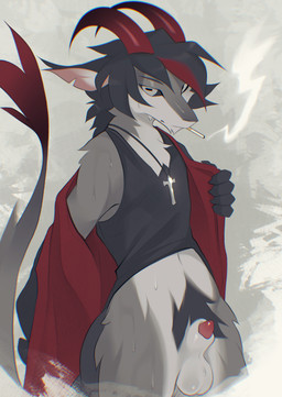 animal_genitalia animal_penis anthro balls belly black_clothing black_hair black_hands black_hoodie black_topwear black_vest bodily_fluids cigarette clothing cross cross_necklace genitals grey_body hair hoodie horizontal_pupils horn jewelry knot male necklace penis pubes pupils red_horn sheath simple_background smoking solo sweat topwear vest zoledream bovid caprine goat mammal absurd_res hi_res
