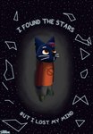 black_sky blue_body blue_fur boots bottomwear clothing constellation constellation_markings female footwear fur green_boots green_clothing green_footwear grey_bottomwear grey_clothing grey_pants highlights_(coloring) notched_ear orange_clothing orange_shirt orange_topwear pants red_eyes shirt shoes sky solo star text topwear whiskers white_whiskers beabea. night_in_the_woods mae_borowski felid feline mammal absurd_res hi_res