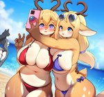 anthro beach big_breasts bikini blonde_hair blue_bikini blue_clothing blue_eyes blue_swimwear breasts brown_body brown_fur butt clothed clothing duo female fur gesture grey_body grey_fur hair hand_gesture horn open_mouth outside red_bikini red_clothing red_swimwear seaside short_tail swimwear tail taking_picture taking_selfie two-piece_swimsuit v_sign whooo-ya popsocket dorothy_(whooo-ya) sophie_(whooo-ya) deer mammal 2023 absurd_res hi_res