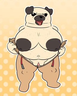 anthro belt_buckle big_breasts breasts brown_body brown_fur buckle clothed clothing female freckles fur genitals multicolored_body multicolored_fur nipples partially_clothed simple_background slightly_chubby solo thick_thighs tongue tongue_out two_tone_body two_tone_fur vulva grolarbearsins dogs_in_space netflix sophie_(dogs_in_space) canid canine canis domestic_dog mammal molosser pug small_molosser toy_dog hi_res