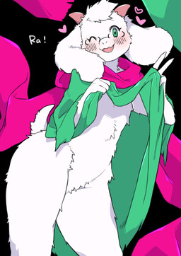 anthro blush clothed clothing clothing_lift eyewear featureless_crotch femboy fluffy fur glasses heart_symbol looking_at_viewer male null one_eye_closed scarf shirt shirt_lift simple_background smile solo topwear white_body white_fur underchikichan deltarune undertale_(series) ralsei bovid caprine goat mammal hi_res