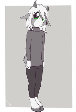 2_horns anthro biped black_bottomwear black_clothing black_pants bottomwear clothed clothing countershade_face countershading front_view gloves_(marking) green_clothing green_eyes green_sweater green_topwear grey_body hair hooves horn looking_at_viewer male markings pants short_tail simple_background solo standing sweater tail topwear turtleneck unguligrade white_body white_countershading white_hair white_markings young young_anthro young_male fuf bovid caprine goat mammal 2019 hi_res