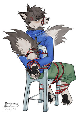anthro bdsm blush bondage bottomwear bound chair chair_bondage claws clothing countershade_tail countershading cross-popping_vein discord_logo feet fluffy fluffy_tail fur furniture hair handpaw hindpaw hoodie instagram_logo looking_at_viewer looking_back looking_back_at_viewer male multicolored_body multicolored_ears muzzle_bound neck_tuft pants paws restraints rope rope_bondage sitting solo sweatpants tail tail_motion tail_tied tailwag text tiktok_logo topwear tuft two_tone_body two_tone_ears curleyfriez discord_(app) instagram tiktok ac. canid canine canis mammal wolf artist_name hi_res