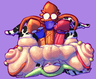 abdominal_bulge ambiguous_penetration animal_print anthro big_breasts big_butt big_penis breast_grab breasts butt clothing cow_print female genitals green_hair group group_sex hair hand_on_breast huge_breasts huge_butt huge_penis hyper hyper_breasts hyper_genitalia hyper_penis larger_female legwear male male/female nipple_piercing nipples orange_body orange_penis penetration penis piercing purple_clothing purple_topwear red_body red_penis sex size_difference smaller_male tan_body thick_thighs thigh_highs topwear triple_penetration vein veiny_penis bitwily akinami_(bitwily) humanoid unknown_species 2025 aliasing digital_media_(artwork) dithering hi_res