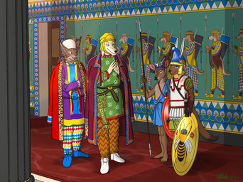 5_fingers 5_toes achaemenid anthro armor barefoot black_nose brown_body brown_fur brown_nose clothed clothed_anthro clothed_male clothing coat detailed_background feet fingers footwear fur greek group hat headgear headwear helmet humanoid_feet humanoid_hands male melee_weapon nipples persian_(culture) plantigrade polearm shield shoes smile spear standing tail text toes toga topwear weapon whiskers white_body white_fur ohs688 vidarna canid canine canis deer domestic_dog felid feline gulonine hunting_dog lynx mammal marten mustelid musteline saluki sighthound 2025 english_text hi_res signature