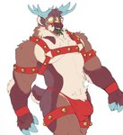 anthro antlers bell bell_harness biceps big_pecs brown_body brown_fur bulge fur glowing glowing_eyes hair harness hoof_hands horn hypnosis jingle_bell jingle_bell_harness male mind_control mistletoe muscular muscular_anthro muscular_male pecs plant ringed_eyes simple_background smile solo white_background hyenaface west_(westt) deer mammal new_world_deer reindeer 2021 hi_res