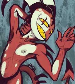 5_fingers clothed clothing fingers horn looking_at_viewer male nipples not_furry pubes pubes_exposed red_body red_eyes simple_background smile solo tail thong thong_only topless topless_humanoid topless_male underwear underwear_only lazertooth hellaverse helluva_boss blitzo_(helluva_boss) demon humanoid imp digital_media_(artwork) hi_res