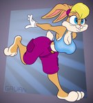 abstract_background anthro arms_back bent_over blonde_hair blue_eyes bottomwear breasts buckteeth cleavage clothed clothing ears_tied_back female fur glistening glistening_clothing glistening_shirt glistening_topwear glitter gloves hair handwear midriff multicolored_body pink_nose running scut_tail shirt short_tail shorts side_boob solo tail tan_body tan_fur teeth topwear two_tone_body gavanzude looney_tunes warner_brothers lola_bunny lagomorph leporid mammal rabbit alternate_version_at_paywall digital_drawing_(artwork) digital_media_(artwork) hi_res signature