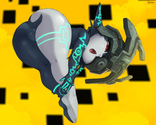 armor clothing featureless_crotch female fused_shadow headgear headgear_only headwear helmet helmet_only humanoid_pointy_ears looking_at_viewer looking_back looking_back_at_viewer not_furry open_mouth pointy_ears red_eyes simple_background solo cranihum nintendo the_legend_of_zelda twilight_princess midna humanoid imp twili 2025 hi_res