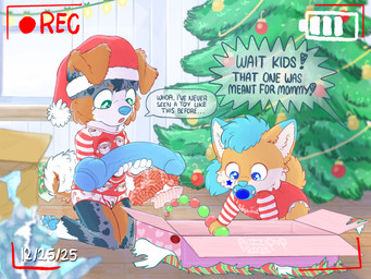 ambiguous_gender anal_beads anthro blue_body blue_eyes blue_fur blue_pawpads christmas_clothing christmas_decorations christmas_headwear christmas_present christmas_tree clothing dialogue dildo duo fur gift green_eyes hat headgear headwear holidays humanoid_dildo male neonate object_in_mouth pacifier pacifier_in_mouth pajamas pawpads plant recording_video santa_hat sex_toy text toddler tree underwear young auzzipup christmas raleigh_(jeddicus7) smileykitsune_(character) australian_shepherd canid canine canis domestic_dog fox herding_dog mammal pastoral_dog sheepdog true_fox 2025 4:3 english_text hi_res