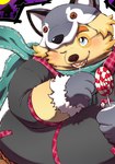 anthro belly blue_eyes blush candy clothing costume dessert food fur gloves handwear hat headgear headwear lollipop lollipop_in_mouth male one_eye_closed overweight overweight_male solo werewolf_costume wink yellow_body yellow_fur namabito lifewonders tokyo_afterschool_summoners cu_sith_(tas) bird_dog canid canine canis domestic_dog golden_retriever hunting_dog mammal retriever absurd_res hi_res