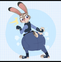 3_toes 4_fingers anthro bent_arm big_diaper black_ear_tips blue_bottomwear blue_clothing blue_gloves blue_handwear blue_pants blue_shirt blue_topwear blue_vest blush blush_lines bottomwear brown_tail clean_diaper clothed clothing diaper diaper_puff diaper_under_clothing dipstick_ears ear_markings feet female fingerless_gloves fingers fur geometric_background gloves grid_background hand_on_butt hand_on_diaper handwear huge_diaper knee_pads looking_back multicolored_body multicolored_ears multicolored_fur multicolored_tail pants pattern_background patting patting_butt patting_diaper pink_inner_ear plantigrade police police_uniform police_vest scut_tail shirt short_tail simple_background solo standing tail tan_body tan_fur tan_tail toes topwear touching_diaper uniform vest wearing_diaper whiskers jupiters disney zootopia judy_hopps lagomorph leporid mammal rabbit absurd_res hi_res letterbox