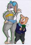 anthro big_breasts breasts crossgender duo female fur grey_body grey_fur male male/female money simple_background tail teeth white_background white_body rotten_owl looney_tunes warner_brothers bugs_bunny porky_pig lagomorph leporid mammal rabbit absurd_res hi_res traditional_media_(artwork)