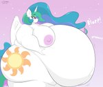 anthro anthrofied belly belly_grab big_belly big_breasts blorp bodily_noises breasts cutie_mark different_sound_effects extended_sound_effect eyelashes female hair half-closed_eyes horn huge_belly hyper hyper_belly long_hair looking_down multicolored_hair narrowed_eyes navel nipples obese obese_anthro obese_female onomatopoeia overweight overweight_anthro overweight_female pink_eyes pink_nipples rumbling_stomach solo sound_effect_variant sound_effects text white_body wings astrum_(artist) friendship_is_magic hasbro my_little_pony mythology princess_celestia_(mlp) equid equine mammal mythological_creature mythological_equine winged_unicorn absurd_res hi_res