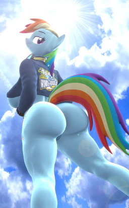 anthro anthrofied bottomless bracelet breasts butt butt_focus clothed clothing cloud eyewear female goggles hair jewelry light looking_at_viewer looking_back looking_back_at_viewer looking_down low-angle_view multicolored_hair multicolored_tail purple_eyes rainbow_hair rainbow_tail rear_view sky solo sun sunlight tail under_boob worm's-eye_view lazy_work_horse friendship_is_magic hasbro my_little_pony rainbow_dash_(mlp) equid equine horse mammal pony 3d_(artwork) digital_media_(artwork) hi_res