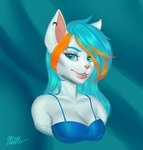 anthro blue_bra blue_clothing blue_eyes blue_underwear bra breasts clothing ear_piercing ear_ring eyebrow_piercing facial_piercing female fur hair looking_at_viewer multicolored_hair piercing ring_piercing solo underwear white_body white_fur millle canid canine canis mammal wolf 2020 bust_portrait hi_res portrait