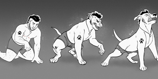 5_fingers all_fours boxer_briefs clothing curly_hair eyebrow_slit eyebrows facial_hair feral fingers floppy_ears footprint hair human_to_feral jewelry male mastectomy_scar mohawk multiple_poses necklace pain pawpads pawprint pawprint_tattoo pose quadruped scar simple_background species_transformation tail tattoo text textured_background torn_clothing transformation underwear angelofalls conditional_dnp angelo_(angelofalls) american_pit_bull_terrier bird_dog canid canine canis domestic_dog human hunting_dog labrador mammal mixed_breed pit_bull pitador retriever terrier 2025 artist_name digital_drawing_(artwork) digital_media_(artwork) greyscale hi_res monochrome signature widescreen trans_(lore) trans_man_(lore)