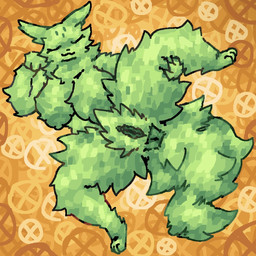 anthro big_breasts big_tail breasts dewlap_(anatomy) eyes_closed female fluffy fluffy_pubes fluffy_tail fur green_body green_fur hand_on_head leg_grab paws simple_background smile solo spread_legs spreading tail yellow_background scaliescum rain_world videocult saint_(rain_world) slugcat 1:1 hi_res