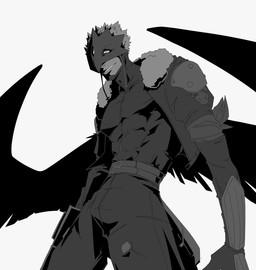 belt bulge clothed clothing feathered_wings feathers hair male mask muscular muscular_male not_furry simple_background smile solo wearing_mask wings karina_farek bandai_namco digimon beelzemon demon digimon_(species) humanoid mammal winged_humanoid digital_media_(artwork)