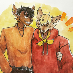 abstract_background anthro belt black_belt black_hair blonde_hair brown_body brown_fur cigarette clothed clothing duo eyes_closed front_view fur grin hair hug jewelry male necklace orange_body red_clothing red_topwear short_hair smile standing topwear unsigned akatan_art canid canine canis mammal wolf 1:1 hi_res traditional_media_(artwork)