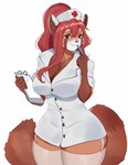 anthro big_breasts breasts brown_body brown_eyes brown_fur clothing female fur hair hat headgear headwear holding_object holding_pen legwear looking_at_viewer nurse_clothing nurse_hat nurse_headwear pen red_hair simple_background smile solo stockings white_background wide_hips detectiveneko furlough_games kira_(furlough_games) ailurid mammal red_panda 2023 hi_res