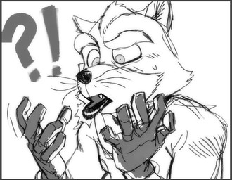 anthro blush bodily_fluids border confusion dsl grey_border interrobang lips lipstick makeup male shocked solo sweat thick_lips tora_gy nintendo star_fox fox_mccloud canid canine fox mammal monochrome