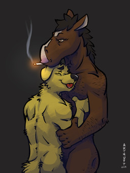 5_fingers anthro anthro_on_anthro cigarette duo fingers fur hug male male/male nude smile tongue tongue_out yellow_body yellow_fur k-9 bojack_horseman netflix bojack_horseman_(character) mr._peanutbutter bird_dog canid canine canis domestic_dog equid equine horse hunting_dog labrador mammal retriever 2018 hi_res