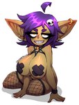 big_breasts braces breasts clothing ear_piercing ear_ring female fishnet_clothing fishnet_legwear freckles green_body hair legwear nipple_tape not_furry pasties piercing purple_hair ring_piercing sharp_teeth short_stack solo tape teeth twistingtoxic goblin humanoid absurd_res hi_res