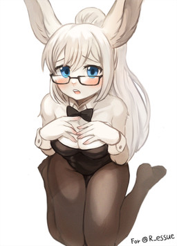 anthro blue_eyes blush bow_(feature) bow_in_front bow_tie breasts bunny_costume clothing costume female fur hair legwear looking_at_viewer open_mouth pantyhose ponytail simple_background solo white_background white_body white_fur white_hair sookmo felid lagomorph leopard leporid mammal pantherine rabbit 2020 absurd_res hi_res