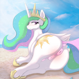 animal_genitalia anus beach blush bodily_fluids butt cutie_mark dock_(anatomy) equine_anus feathered_wings feathers female feral genital_fluids genitals hair horn light looking_at_viewer lying multicolored_hair nude on_side puffy_anus raised_tail seaside smile solo sunlight tail tail_anus teats vaginal vulva white_body wings index_3 friendship_is_magic hasbro my_little_pony mythology princess_celestia_(mlp) equid equine horse mammal mythological_creature mythological_equine unicorn winged_unicorn 1:1 digital_media_(artwork) hi_res