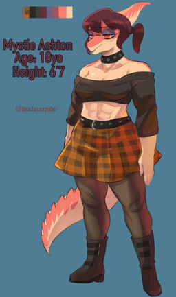 abs amber_eyes anthro athletic athletic_anthro athletic_female belt black_clothing black_crop_top black_shirt black_topwear bone_frill boots bottomwear breasts claws clothed clothing crop_top eyelashes eyeshadow eyewear female finger_claws footwear frill_(anatomy) glasses grey_eyeshadow hair legwear long_sleeves long_tail makeup midriff multicolored_body multicolored_scales off_shoulder orange_body orange_scales pantyhose red_hair round_glasses scales shirt shoes short_hair skirt smile snout solo spiked_tail spikes spikes_(anatomy) tail tan_body tan_scales text topwear two_tone_body two_tone_scales deadassspider cavemanon_studios snoot_game fan_character mystie_ashton dinosaur hadrosaurid ornithischian ornithopod parasaurolophus prehistoric_species reptile scalie 2025 absurd_res artist_name hi_res model_sheet watermark