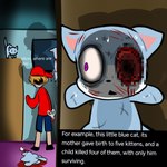 blonde_hair blood blue_body blue_fur bodily_fluids clothing eyeball fur gore gore_focus hair hat headgear headwear pain scar scared scratches suffering wounded gutiannn terrible_mouse domestic_cat felid feline felis human mammal