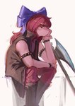 accessory anthro axe boots bottomwear bow_ribbon bracelet clothing female footwear hair_accessory hair_bow hair_ribbon jewelry looking_at_viewer pants ribbons shirt shoes sitting solo spiked_bracelet spikes topwear shadches deltarune undertale_(series) susie_(deltarune) absurd_res hi_res