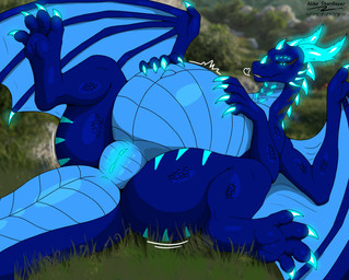 anus belly big_belly blue_anus blue_body blue_vulva claws clitoris feet female female_feral feral genitals glowing glowing_anus glowing_claw glowing_eyes glowing_genitalia glowing_vulva grass_field holding_belly horn looking_at_viewer lying markings membrane_(anatomy) navel nude on_back on_ground open_mouth pregnant pregnant_female pregnant_feral presenting presenting_anus presenting_belly presenting_vulva quadruped scales solo tail teeth thick_thighs toe_claws toes ventral_scales vulva wings niko_stargazer mythology nikostargazer dragon mythological_creature mythological_scalie scalie absurd_res hi_res