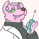 anthro bodily_fluids claws clothing coat doctor drooling eye_bags fur green_eyes hair half-closed_eyes inner_ear_fluff lab_coat looking_at_viewer male medical_instrument narrowed_eyes pink_body pink_fur red_eyes saliva scientific_instrument scientist sharp_teeth simple_background smile smiling_at_viewer smirk solo sweater syringe teeth topwear tuft turtleneck sailby canid canine canis hybrid hyena mammal wolf 1:1 digital_media_(artwork) hi_res