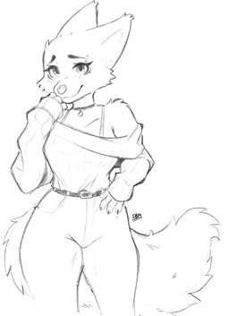 anthro arm_tuft belt bottomwear bra_strap breasts choker clothed clothing collarbone eyebrow_piercing eyebrows eyelashes facial_piercing female hand_on_hip jewelry necklace off_shoulder pants piercing shoulder_tuft smile solo tuft spongebandimark dreamworks the_bad_guys diane_foxington canid canine fox mammal 2026 hi_res monochrome sketch