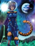 big_breasts black_stripes blue_eyes bodysuit breasts cat_tail clothed clothing detailed_background facial_markings female hair head_markings long_hair markings planet purple_hair skinsuit solo space spacesuit star stripes tight_clothing sageofotherworlds yosh!_comics kate_summers animal_humanoid cat_humanoid felid felid_humanoid feline feline_humanoid human humanoid mammal mammal_humanoid