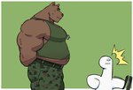 anthro belly bottomwear brown_body brown_fur camo camo_bottomwear camo_clothing camo_pants camo_print clothed clothing dog_tags duo fur green_clothing green_shirt green_tank_top green_topwear hands_behind_back male overweight overweight_male pants pattern_bottomwear pattern_clothing pattern_pants shirt tank_top topwear dynogreeno bear mammal hi_res