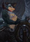 2024 anthro belt bottomwear canid canine canis captain clothing conditional_dnp digital_media_(artwork) hat headgear headwear hi_res latex_(artist) male mammal night pants sea ship shirtless solo storm vehicle water watercraft wind wolf