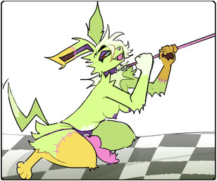 anthro blep border breasts collar dildo female fur green_body green_fur knot knotted_dildo leash leash_pull nipples purple_nipples sex_toy smile solo strapon tongue tongue_out white_border guncht nintendo pokemon dijon_(guncht) eeveelution generation_1_pokemon jolteon pokemon_(species) trans_(lore) trans_man_(lore)