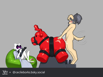 anthro bean_bag being_watched black_hair blush bodily_fluids clenched_teeth cum cum_drip cum_inside drinking dripping duo fur genital_fluids gynomorph hair improvised_sex_toy inflatable intersex looking_at_another looking_pleasured male pawpads penile penis_milking pink_pawpads sitting_on_bean_bag tail tail_motion tailwag teeth white_body white_fur yellow_body yellow_fur cecildeatrio tofudumps cecile_(cecildeatrio) tofu_(tofuxal) bird_dog canid canine canis domestic_dog golden_retriever hunting_dog mammal retriever 2025 digital_drawing_(artwork) digital_media_(artwork) english_description hi_res meme