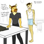 anthro barefoot bottomwear boxers_(clothing) clothed clothing dialogue duo facial_hair feet fully_clothed furniture male male/male mustache pants pantsless shirt sketch_background stubble t-shirt table tank_top text topwear underwear fuze fuzeyeen cheetah felid feline hyena mammal spotted_hyena 1:1 english_text hi_res sketch