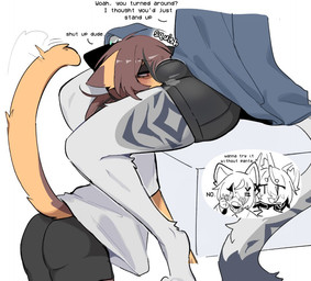 anthro bangs black_clothing black_underwear blush brown_hair bulge bulge_sniffing clothing dialogue duo femboy fur grey_body grey_fur hair half-closed_eyes male male/male medium_hair narrowed_eyes open_mouth orange_body orange_fur ponytail red_eyes short simple_background sitting sniffing tail talking_to_another talking_to_partner text underwear white_background shiyaa_stuff domestic_cat felid feline felis mammal 2025 colored colored_sketch digital_drawing_(artwork) digital_media_(artwork) english_text shaded sketch