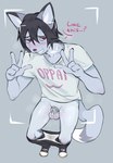 anthro awkward balls black_hair blue_background blue_body blush blush_lines bodily_fluids bottomwear bottomwear_down chastity_cage chastity_device clothed clothing footwear genital_fluids genitals grey_body hair humiliation leaking_precum loser male nervous oppai_shirt pants pants_down partially_clothed precum recording red_eyes shirt shoes short_hair shy simple_background solo stain stained_underwear submissive submissive_anthro submissive_male sweat sweatdrop taking_picture topwear underwear underwear_down white_body catzino domestic_cat felid feline felis mammal hi_res