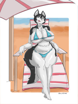 anthro areola areola_outline areola_slip beach big_breasts big_butt bikini bikini_bottom bikini_top breasts butt clothing female fluffy fluffy_tail huge_breasts montgomery_glands nipple_outline sleeping solo swimwear tail thick_thighs two-piece_swimsuit zincx moko_(shi_modoke) canid canine canis domestic_dog mammal absurd_res hi_res