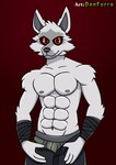 abs anthro bottomwear bulge clothed clothing fur grey_body grey_fur hand_wraps looking_at_viewer male muscular muscular_anthro muscular_male navel nipples pants pecs red_background red_eyes shirtless shirtless_anthro shirtless_male simple_background smile smirk solo standing topless topless_anthro topless_male underwear white_body white_fur wraps donfurro dreamworks puss_in_boots_(franchise) death_(puss_in_boots) canid canine canis mammal wolf hi_res