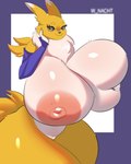 big_breasts black_sclera blue_eyes breasts female fur huge_breasts hyper hyper_breasts nipples nude simple_background smile solo thick_thighs white_body white_fur yellow_body yellow_fur winter_nacht bandai_namco digimon canid digimon_(species) mammal renamon 4:5 absurd_res hi_res